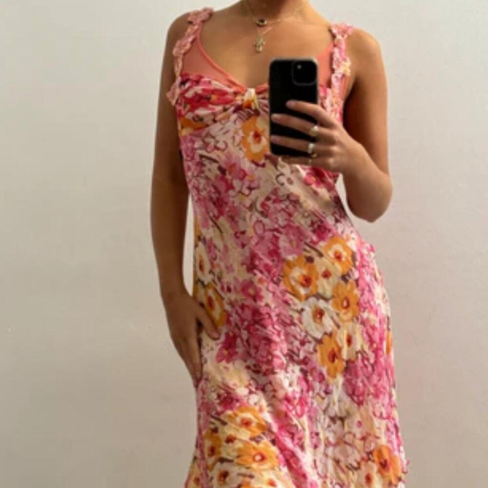 Vintage Floral Pink Orange Mesh Ruffle Fairy Midi Dress